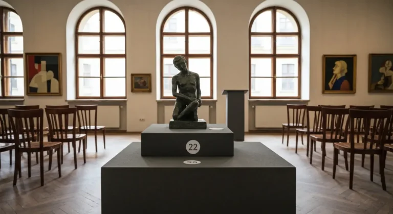 Sala przedaukcyjna w krakowskiej kamienicy - oprawione obrazy i rzezba na postumencie przed rzedami krzesel