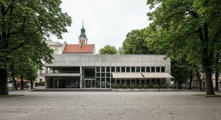 Modernistyczny betonowy budynek galerii sztuki wspolczesnej przy zielonym skwerze w centrum Krakowa, w tle kamienice i d
