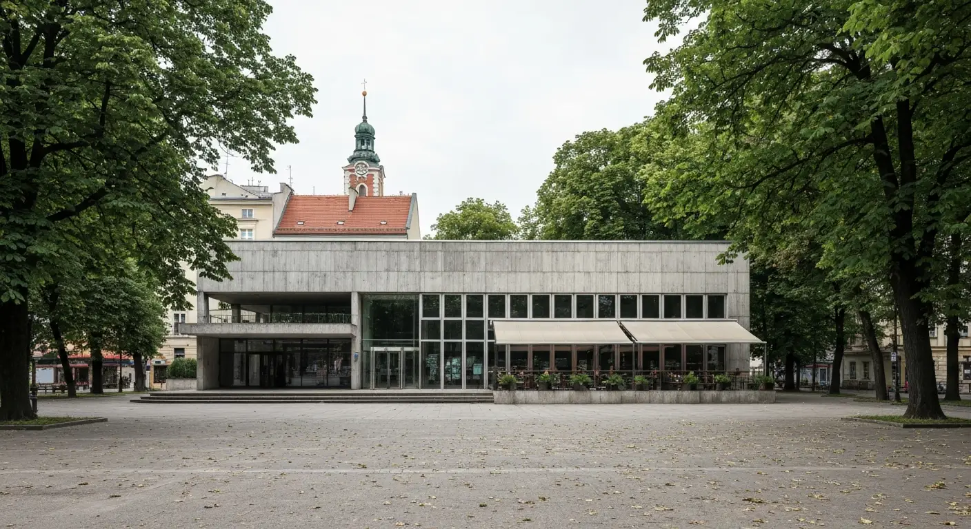 Modernistyczny betonowy budynek galerii sztuki wspolczesnej przy zielonym skwerze w centrum Krakowa, w tle kamienice i d