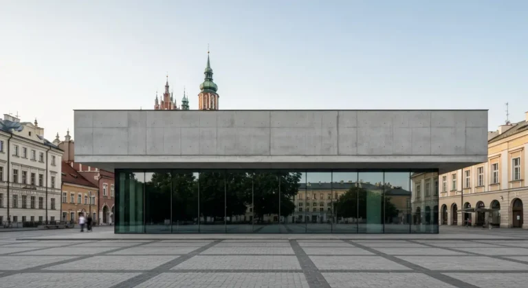 Modernistyczny budynek galerii sztuki wspolczesnej przy krakowskim placu, betonowa fasada i przeszklony parter w swietle
