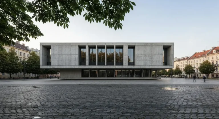 Modernistyczny betonowy budynek galerii sztuki wspolczesnej przy placu w centrum Krakowa, obok drzewa Plant i kamienice