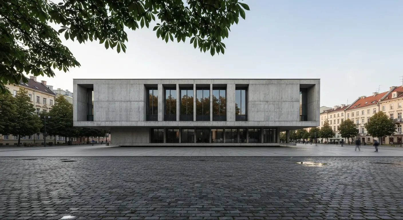 Modernistyczny betonowy budynek galerii sztuki wspolczesnej przy placu w centrum Krakowa, obok drzewa Plant i kamienice