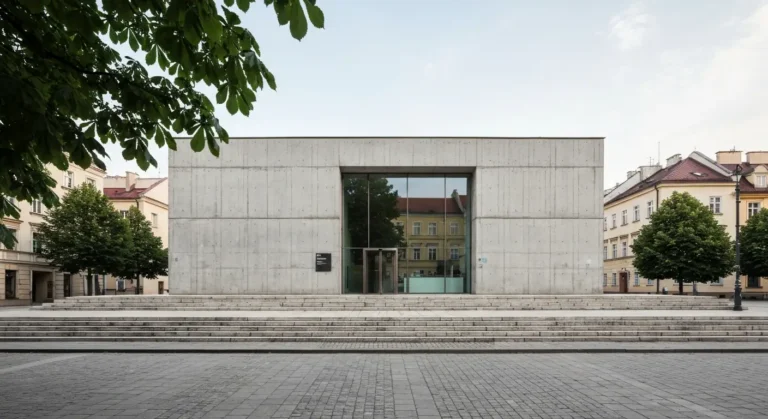 Modernistyczny budynek galerii sztuki wspolczesnej przy placu w centrum Krakowa w swietle dnia