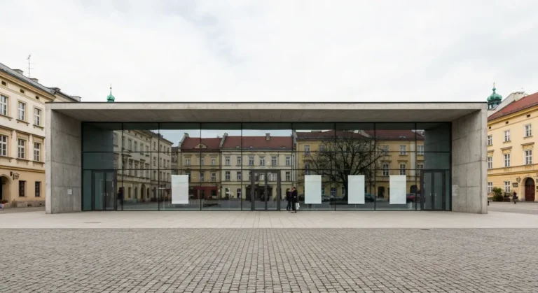Modernistyczny betonowy budynek galerii sztuki wspolczesnej przy placu Szczepanskim w Krakowie w dziennym swietle