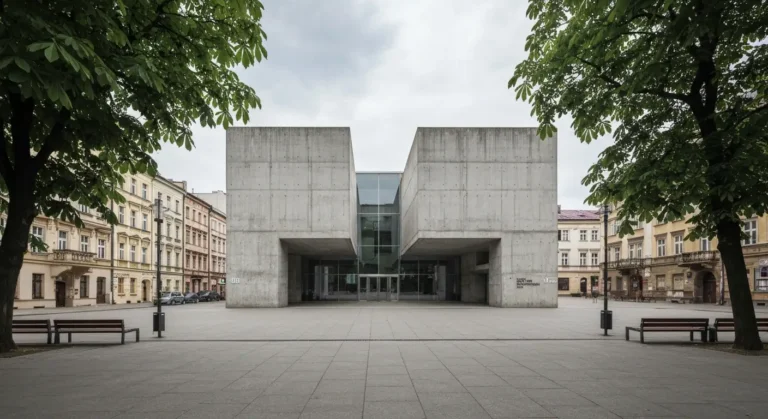 Modernistyczny betonowy budynek galerii sztuki wspolczesnej przy placu Szczepanskim w Krakowie w swietle dnia