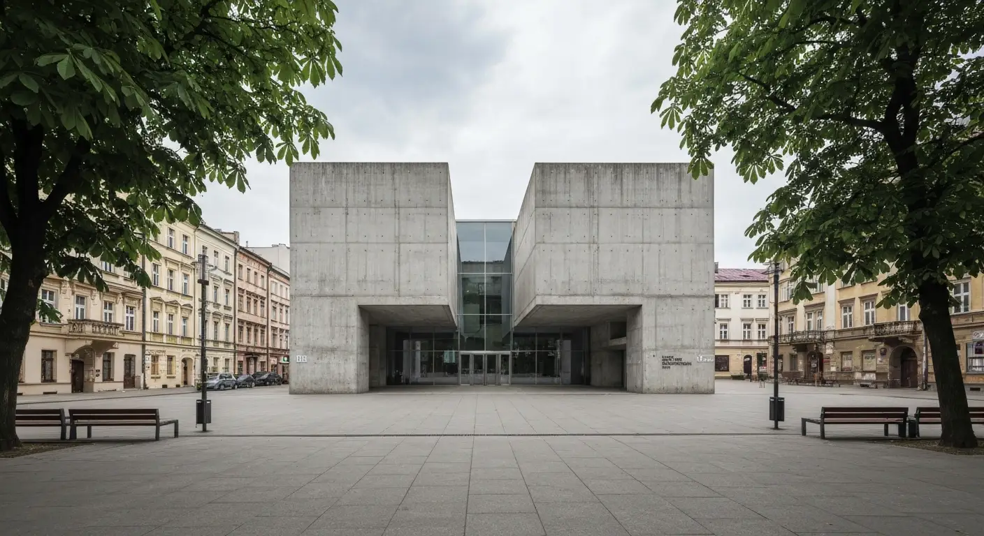 Modernistyczny betonowy budynek galerii sztuki wspolczesnej przy placu Szczepanskim w Krakowie w swietle dnia