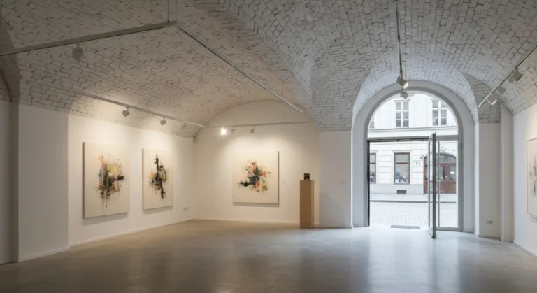 Wnetrze bezplatnej galerii sztuki wspolczesnej w Krakowie - bialy sklepiony lokal z obrazami i wyjsciem na brukowana uli