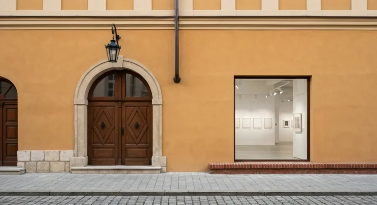 Zabytkowa kamienica instytucji kultury na krakowskim Kazimierzu z drewnianymi drzwiami i jasna sala wystawowa widoczna p
