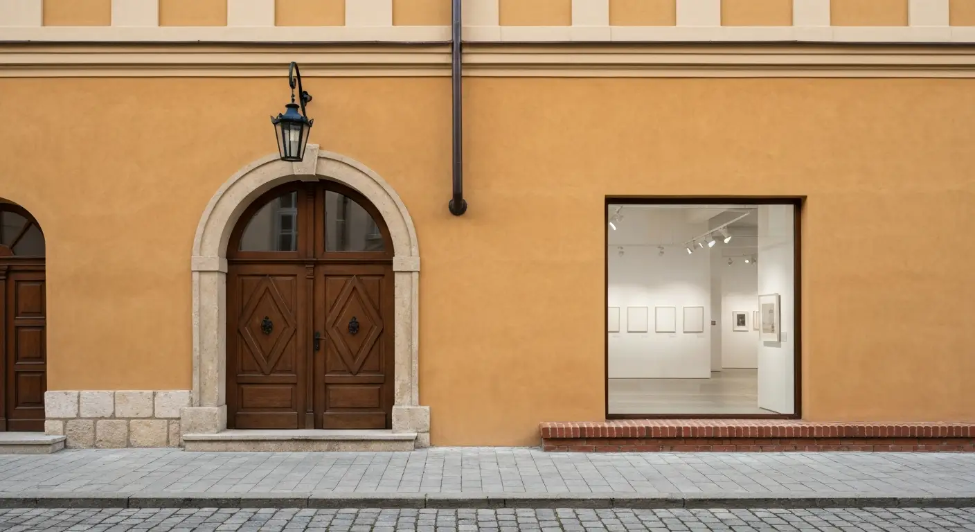 Zabytkowa kamienica instytucji kultury na krakowskim Kazimierzu z drewnianymi drzwiami i jasna sala wystawowa widoczna p