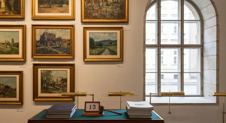 Sala wystawy przedaukcyjnej w krakowskiej kamienicy - obrazy w ramach na scianie, mlotek aukcyjny i katalogi na stole