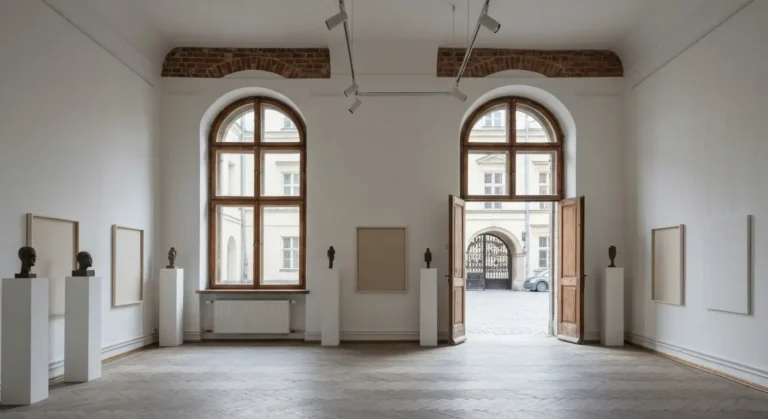 Sala wystawiennicza galerii akademickiej w krakowskiej kamienicy, biale sciany, wysokie okna i puste plotna przy scianac
