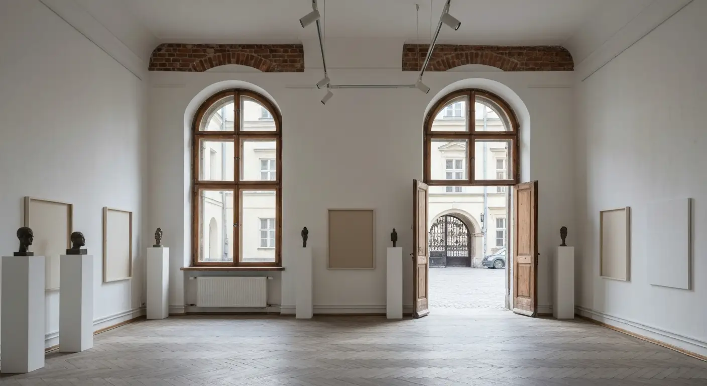 Sala wystawiennicza galerii akademickiej w krakowskiej kamienicy, biale sciany, wysokie okna i puste plotna przy scianac