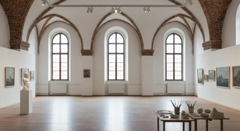 Wnetrze akademickiej galerii sztuki w Krakowie z pracami studentow i rzezba na cokole