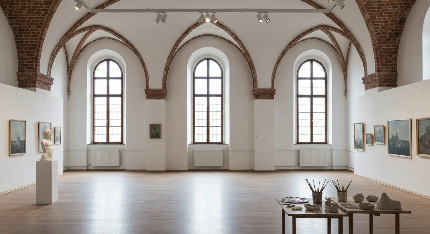 Wnetrze akademickiej galerii sztuki w Krakowie z pracami studentow i rzezba na cokole