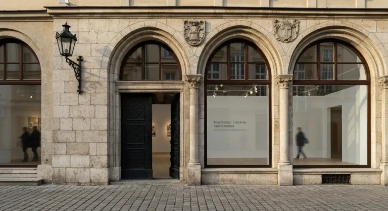 Zabytkowa kamienica przy Rynku Glownym w Krakowie z kamiennym portalem i oknami galerii wystawienniczej