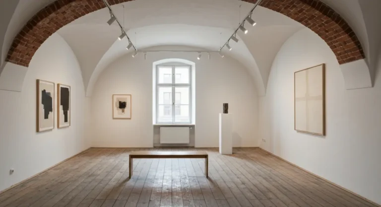 Wnetrze niewielkiej krakowskiej galerii sztuki wspolczesnej z bialymi scianami, ceglanym lukiem i obrazami