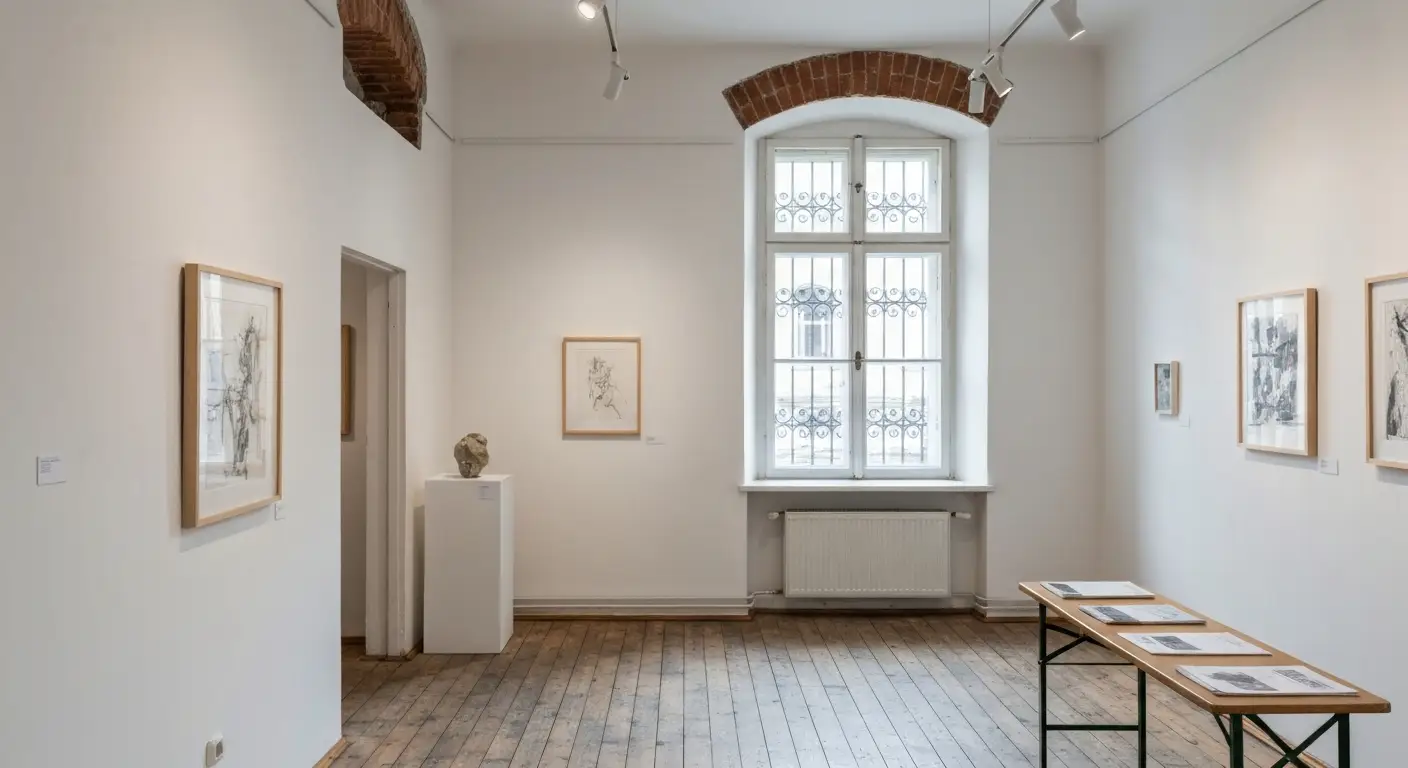 Wnetrze niezaleznej galerii sztuki wspolczesnej w krakowskiej kamienicy z obrazami mlodych artystow i naturalnym swiatle