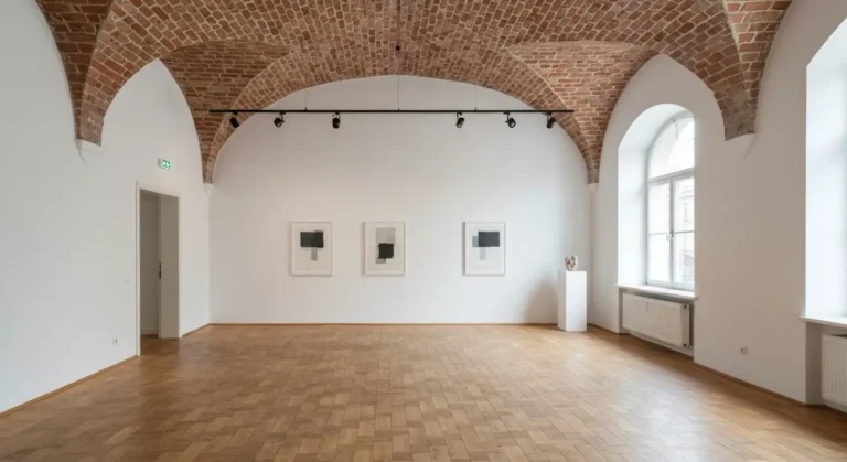 Wnetrze niewielkiej krakowskiej galerii sztuki wspolczesnej z abstrakcyjnymi obrazami i ceglanym sklepieniem