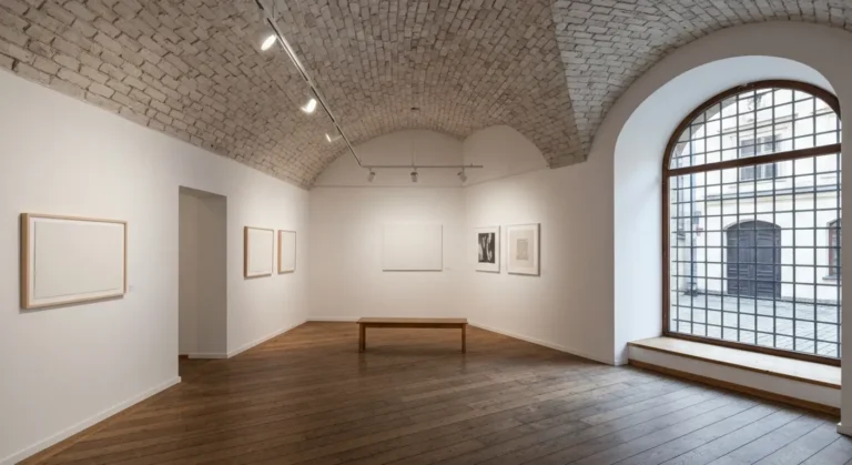 Wnetrze kameralnej galerii sztuki wspolczesnej w krakowskiej kamienicy - ceglane sklepienie, biale sciany z obrazami i o