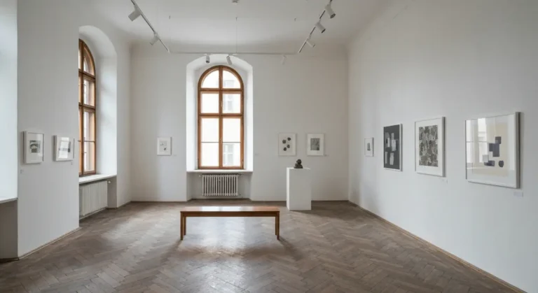 Wnetrze kameralnej galerii sztuki w krakowskiej kamienicy - biale sciany, parkiet i abstrakcyjne obrazy przed wernisazem