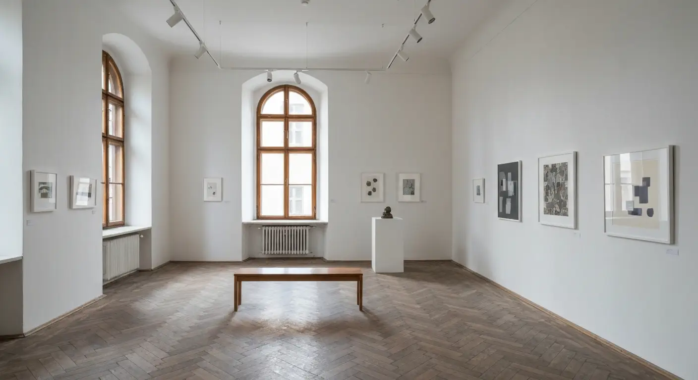 Wnetrze kameralnej galerii sztuki w krakowskiej kamienicy - biale sciany, parkiet i abstrakcyjne obrazy przed wernisazem