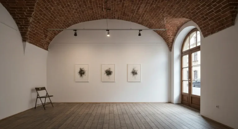 Kameralna sala wystawowa galerii sztuki w krakowskiej kamienicy z obrazami na bialej scianie