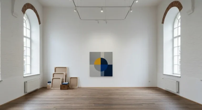 Wnetrze prywatnej galerii sztuki na krakowskim Podgorzu z abstrakcyjnym obrazem geometrycznym na bialej scianie