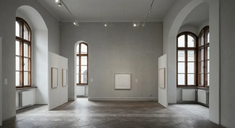 Wnetrze galerii sztuki wspolczesnej w krakowskiej szarej kamienicy - biale sciany, wysokie okna i puste plotna na sciana