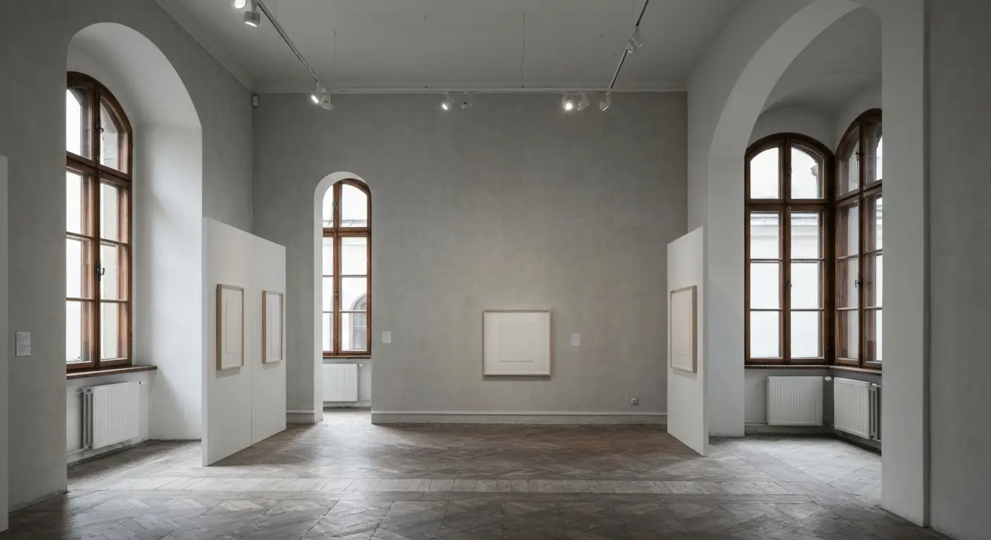Wnetrze galerii sztuki wspolczesnej w krakowskiej szarej kamienicy - biale sciany, wysokie okna i puste plotna na sciana