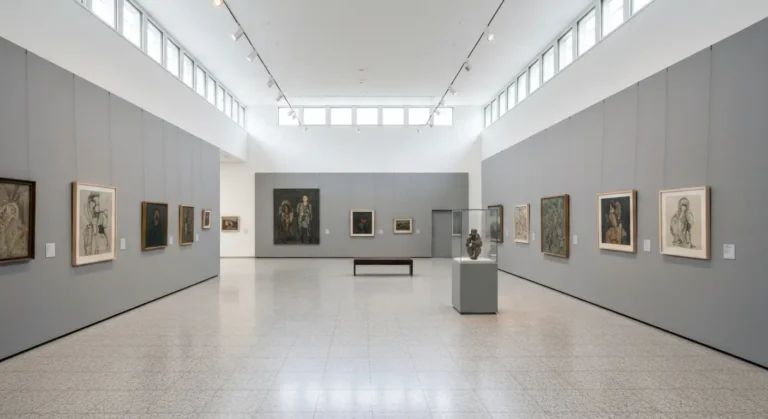 Jasna sala wystawowa krakowskiego muzeum z obrazami polskiej sztuki XX i XXI wieku na szarych scianach