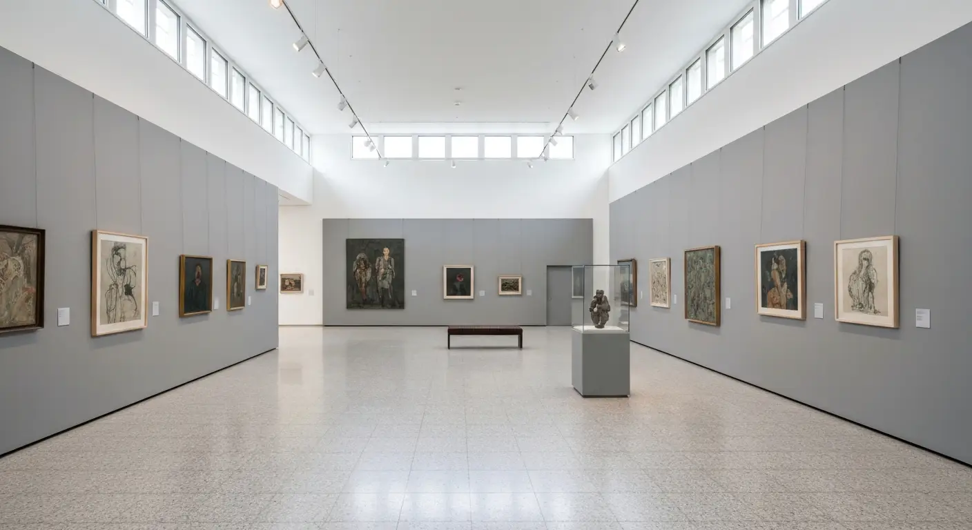 Jasna sala wystawowa krakowskiego muzeum z obrazami polskiej sztuki XX i XXI wieku na szarych scianach