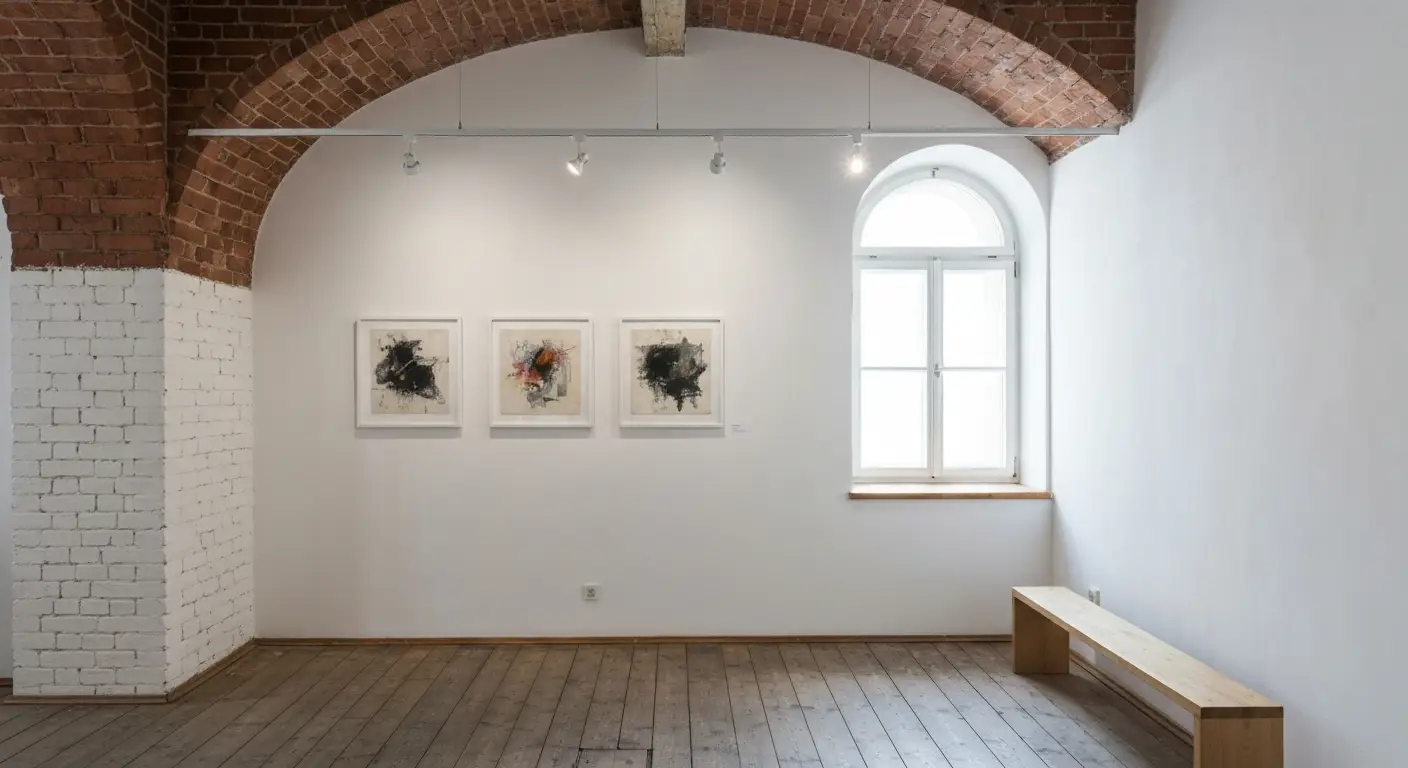 Wnetrze male galerii sztuki wspolczesnej w krakowskiej kamienicy - abstrakcyjne obrazy na bialej scianie przy oknie