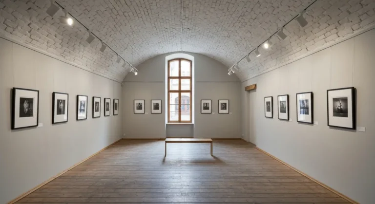 Wnetrze krakowskiej galerii fotografii w kamienicy - czarno biale odbitki w ramach na jasnej scianie