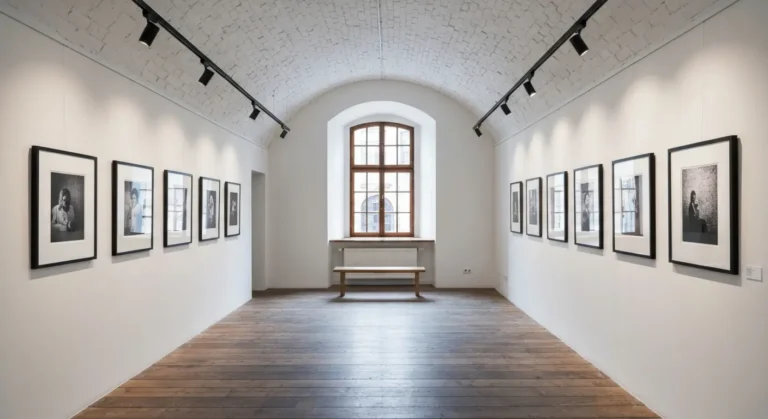 Wnetrze krakowskiej galerii fotografii w kamienicy - czarno-biale zdjecia w ramach na bialej scianie