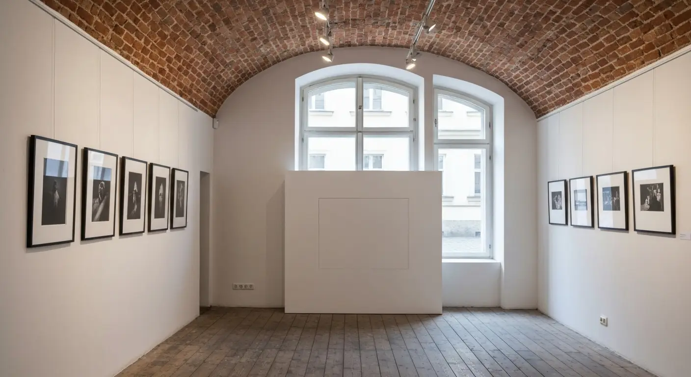 Kameralna galeria fotografii w krakowskiej kamienicy - czarno-biale odbitki na bialej scianie i ceglane sklepienie