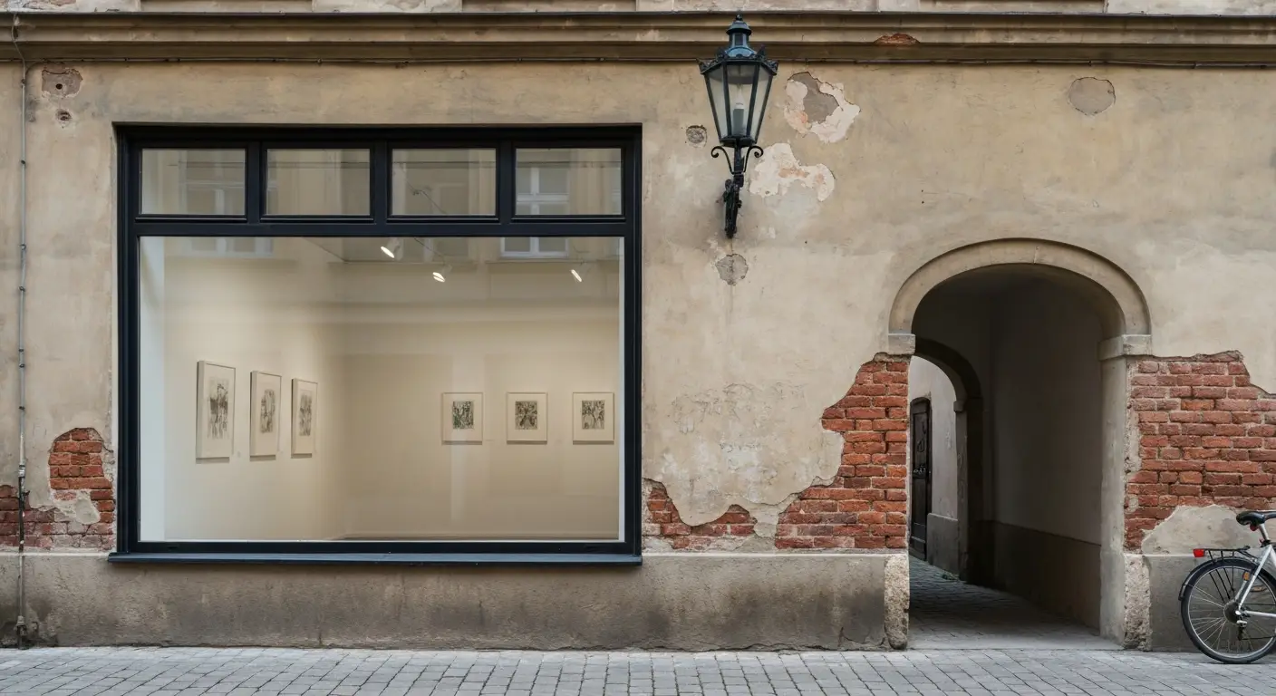 Galeria sztuki wspolczesnej w kamienicy przy brukowanej uliczce krakowskiego Kazimierza
