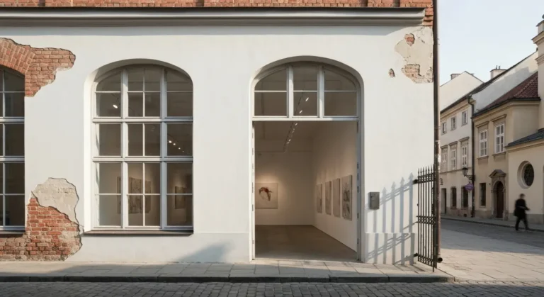 Wejscie do galerii sztuki wspolczesnej w kamienicy na krakowskim Kazimierzu, brukowana uliczka w popoludniowym swietle