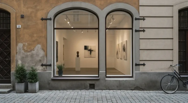 Witryna niewielkiej galerii sztuki wspolczesnej przy brukowanej uliczce krakowskiego Kazimierza