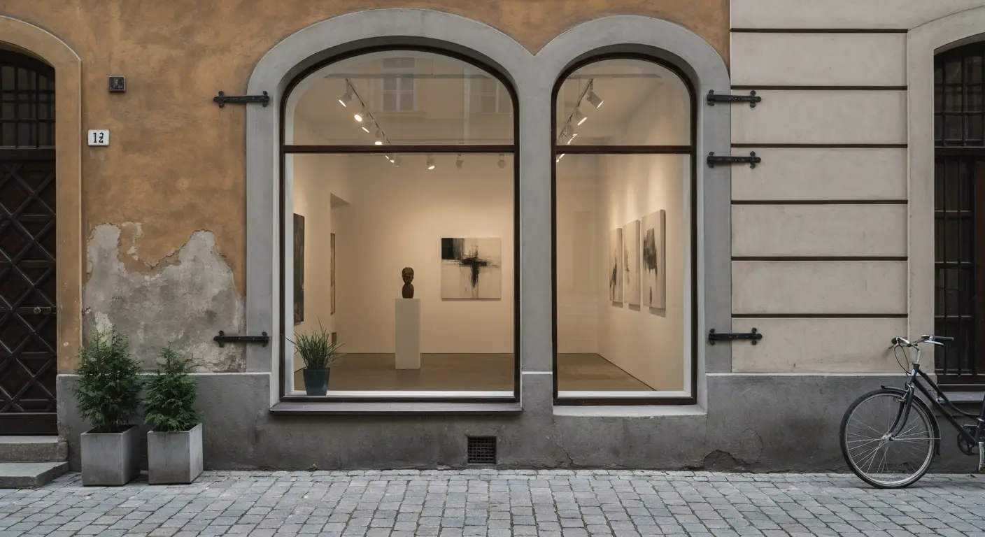 Witryna niewielkiej galerii sztuki wspolczesnej przy brukowanej uliczce krakowskiego Kazimierza