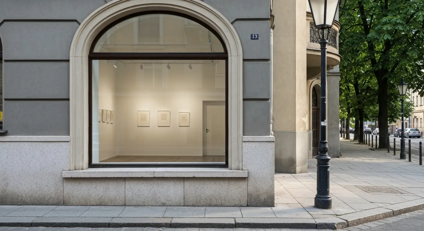 Wejscie do niewielkiej galerii sztuki w kamienicy na Kleparzu w Krakowie, widoczna przez okno biala sala wystawowa