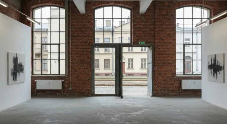 Wnetrze galerii sztuki w dawnej hali fabrycznej na Zabloczu w Krakowie z widokiem na brukowana ulice Podgorza