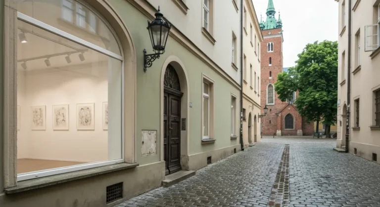 Galeria sztuki wspolczesnej w kamienicy na Starym Miescie w Krakowie, brukowana uliczka i witryna z obrazami