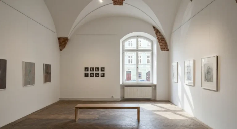 Wnetrze galerii sztuki w kamienicy na Starym Miescie w Krakowie z obrazami na bialej scianie i lawka