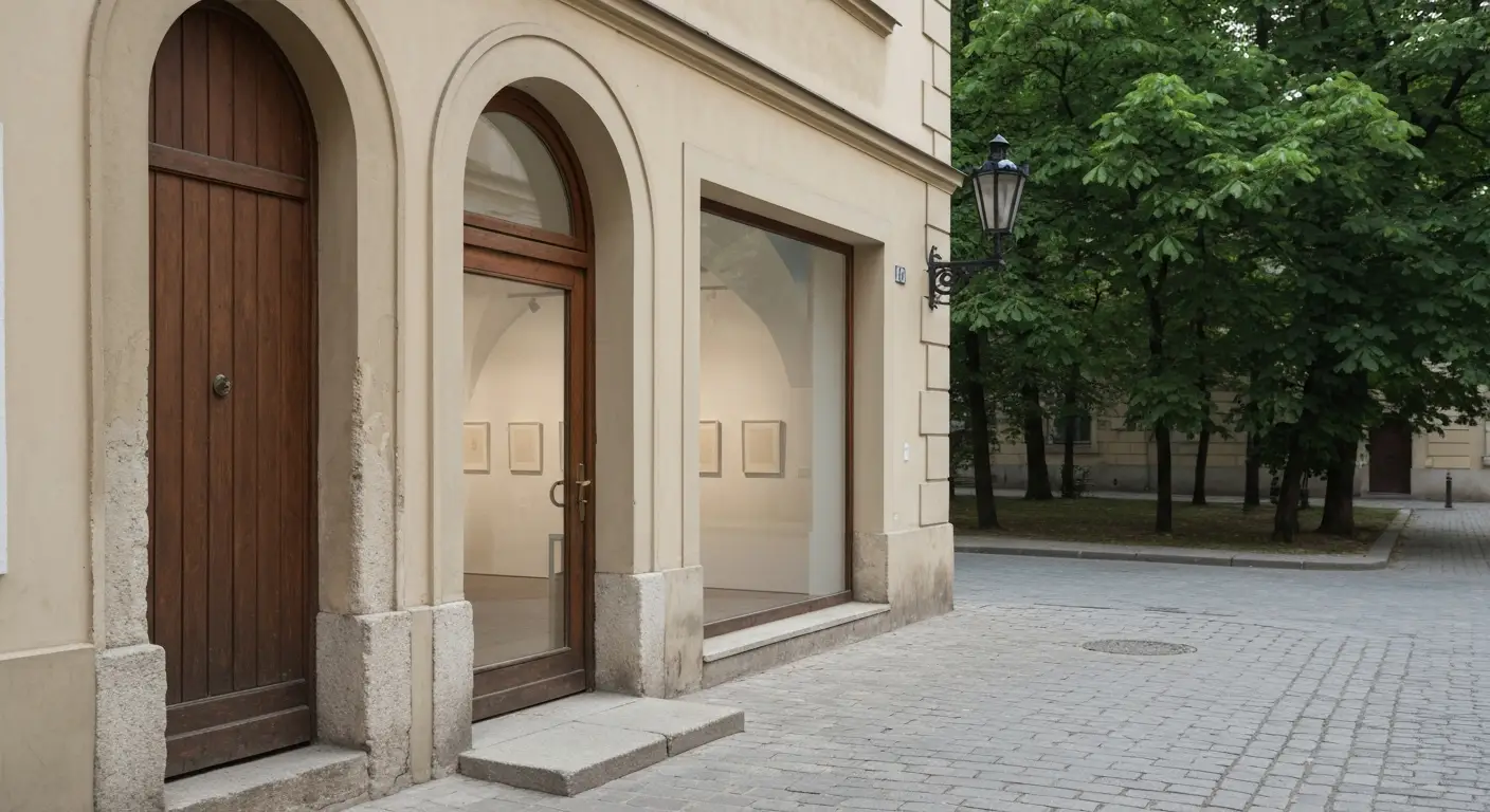 Wejscie do galerii sztuki przy brukowanej uliczce krakowskiego Starego Miasta, w tle zielen Plant