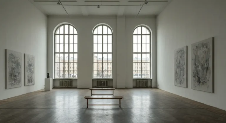 Sala wystawowa ze sztuka wspolczesna w domu kultury w Nowej Hucie, za oknem monumentalna zabudowa dzielnicy