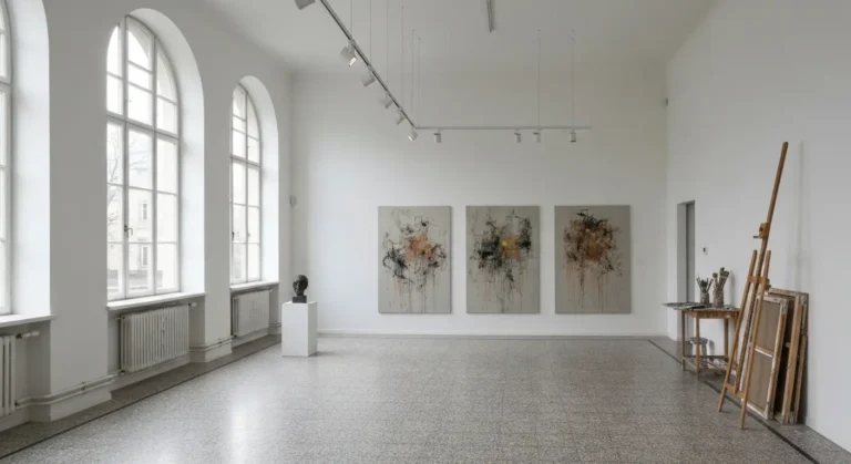 Wnetrze galerii sztuki w Nowej Hucie z abstrakcyjnymi obrazami i katem pracowni artysty