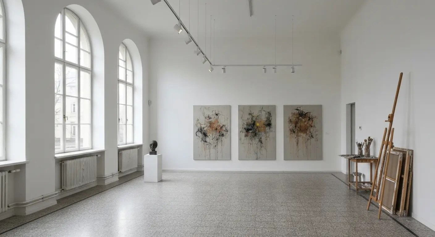 Wnetrze galerii sztuki w Nowej Hucie z abstrakcyjnymi obrazami i katem pracowni artysty