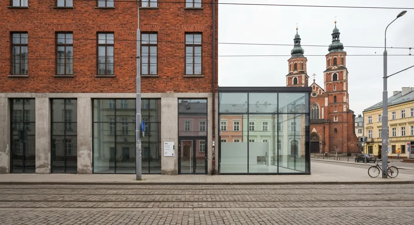 Ceglany budynek galerii sztuki na Zablociu w Krakowie z przeszklonym wejsciem i brukowana ulica