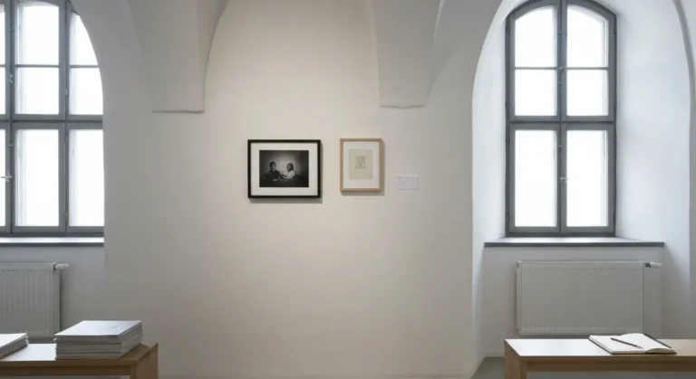 Wnetrze niewielkiej krakowskiej galerii sztuki z fotografia i rysunkiem na bialej scianie oraz notatnikiem na lawce