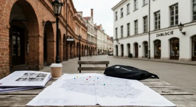 Papierowa mapa krakowskich galerii z kolorowymi pinezkami na drewnianym stole, w tle ulica Kazimierza i budynek galerii